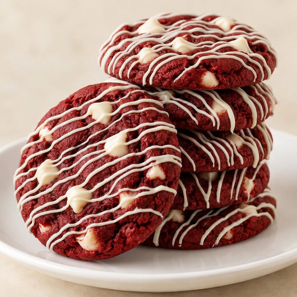Red velvet cookies with white chocolate chips and white chocolate drizzle