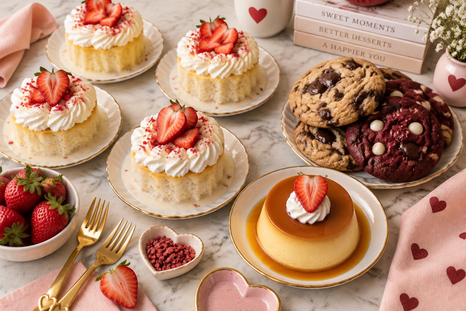 An assortment of mini tres leches cakes, vanilla flan and cookies arranged on a cream surface